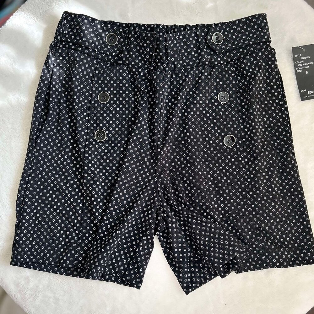 Women's Black & White Flower Dressy Shorts with Buttons, Pockets & Elastic Waist